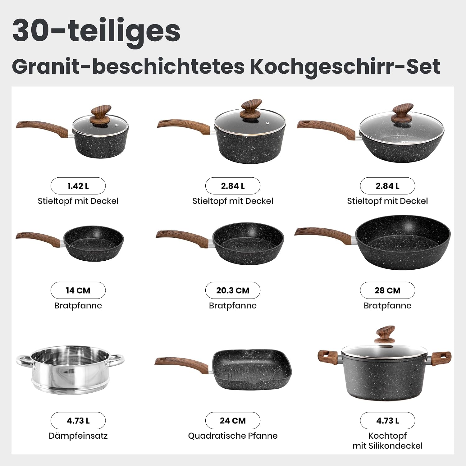 DishDelight Induktions-Kochgeschirr-Set mit Grillplatte 30-teiliges Induktions Töpfe Set Topf und Pfannenset mit Deckel Granit Antihaftbeshichtung Topfset Kochtopf – Bild 2