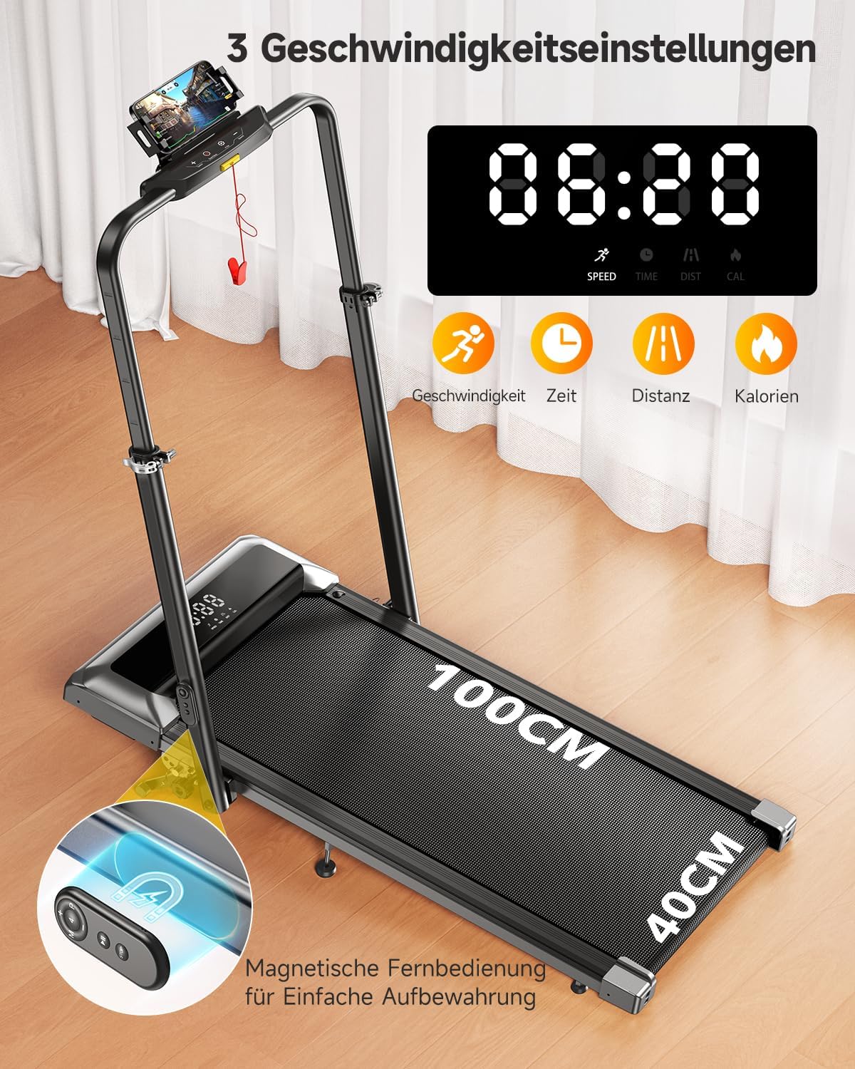 Laufband für Zuhause mit 12% Steigung, 12km/h Klappbar Laufband mit 1150MM Einziehbares Steigrohr, 6 in 1 Walking Pad, 95°/105° Drehbarer Steigrohr, 2.5HP Leiser Motor, Fernbedienung und App – Bild 6