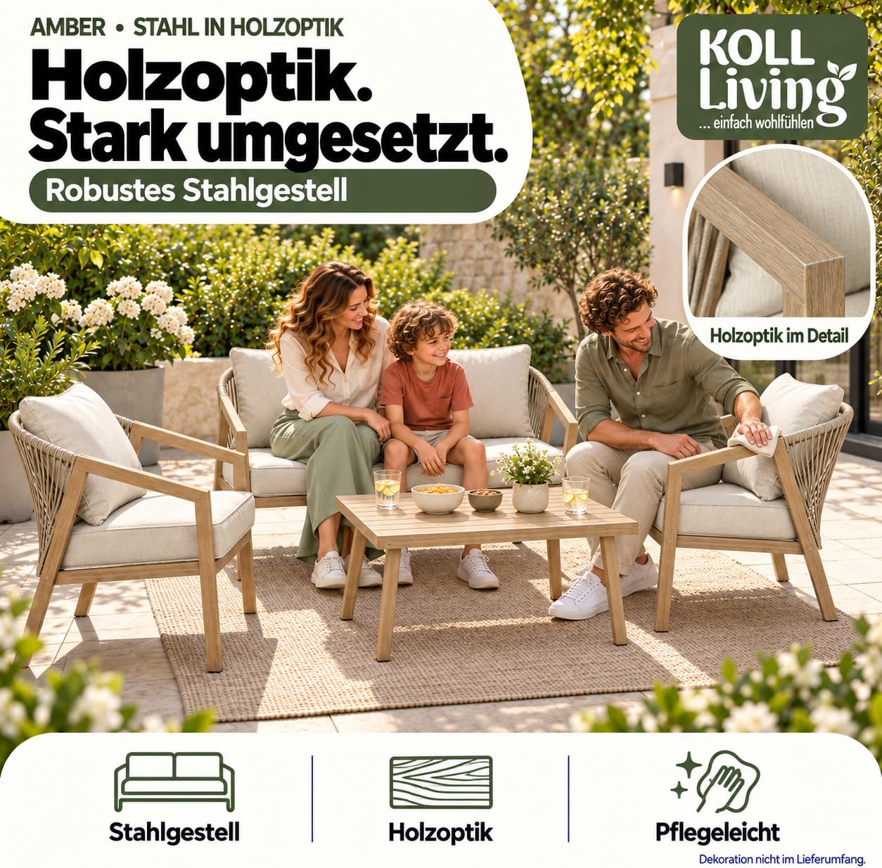 Koll Living Lounge-Set Amber | Outdoor Sitzgruppe mit Gartensofa, Gartensesseln & Tisch | Stahlgestellt in Holzoptik | Wetterfest & UV-beständig | Mix & Match Gartenlounge Beige/Braun – Bild 4