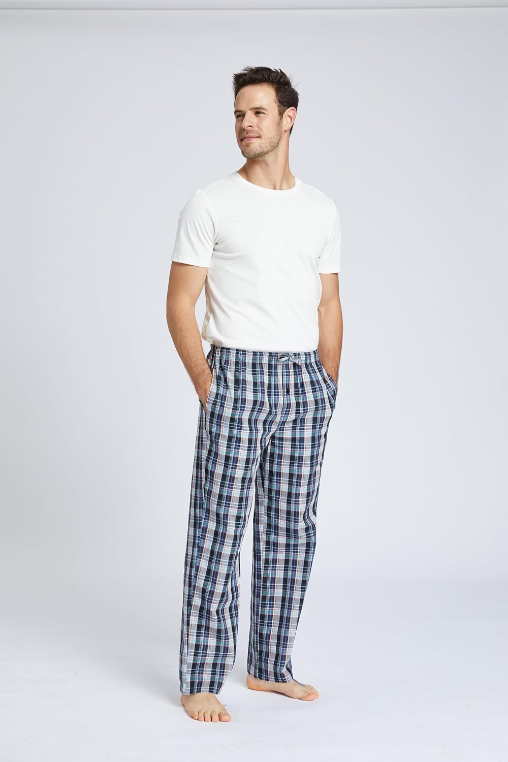 Jveyvth Herren 100% Baumwolle Pyjamahose Gewebte Kariert Schlafhose PJ Hose – Bild 3
