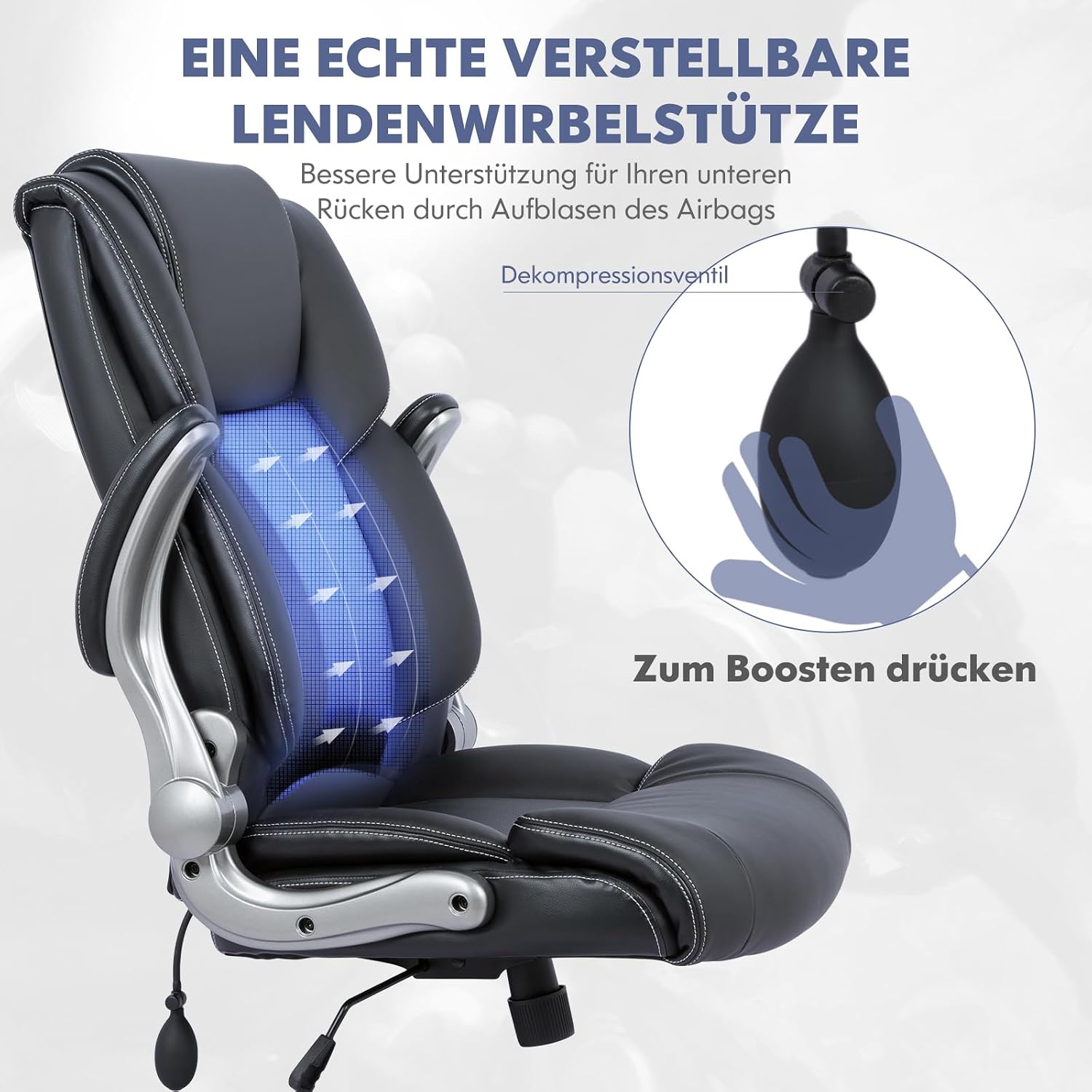 COLAMY Bürostuhl mit Hoher Rückenlehne, Ergonomischer Computer-Schreibtischstuhl, Lederstuhl mit Gepolsterten Klapparmlehnen, Verstellbarer Neigungsverschluss, Drehstuhl für Erwachsene, Schwarz – Bild 7