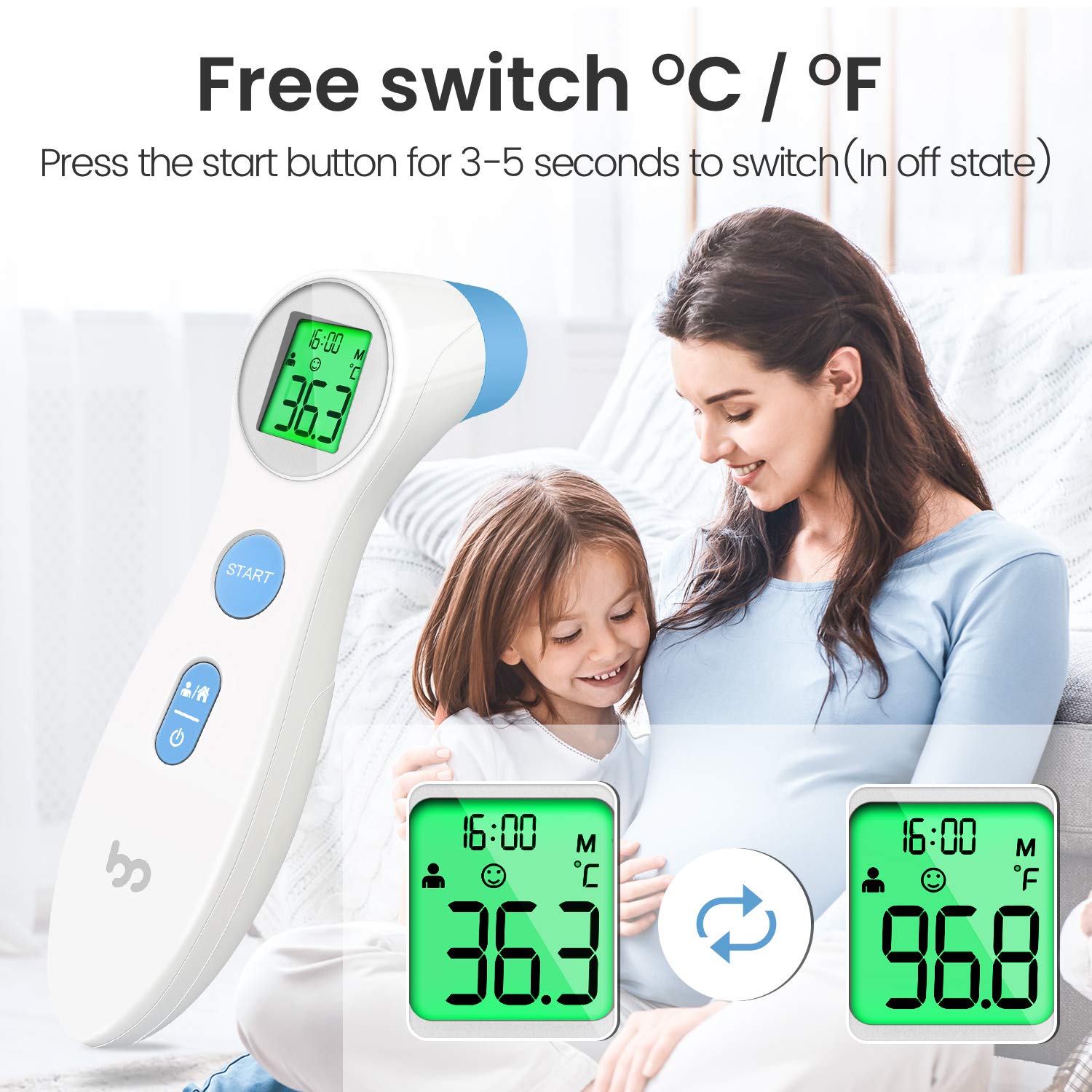 Fieberthermometer für Babys Kinder und Erwachsene, kontaktloses Stirnthermometer Infrarot Digital Thermometer mit Temperaturmessung in 1 Sekunde, Fieberalarm, weiß – Bild 4