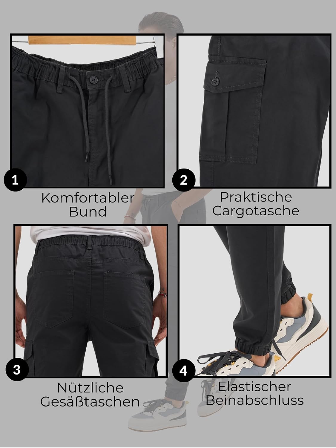COMEOR Cargohose Herren Stretch Relaxed Fit – Chino Hose Baumwolle Männer Cargo Outdoorhosen, Wanderhose, Baggy Freizeit mit 6 Taschen & Kordelzug – Bild 3