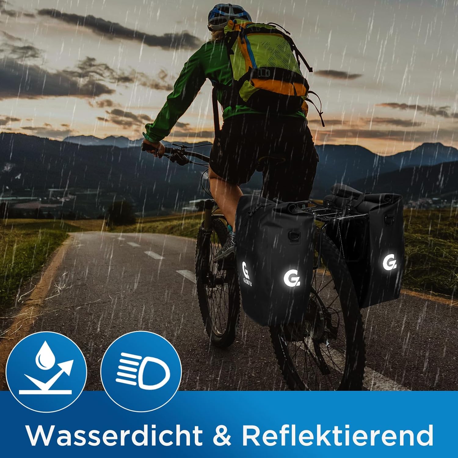 GUOOTU 2 Er Set Fahrradtasche Gepäckträger 48L,aus Tarpaulin Hinten Gepäckträgertasche mit Reflektoren, mit Tragegriff und Schultergurt (Schwarz 24L, 2er Set) – Bild 3