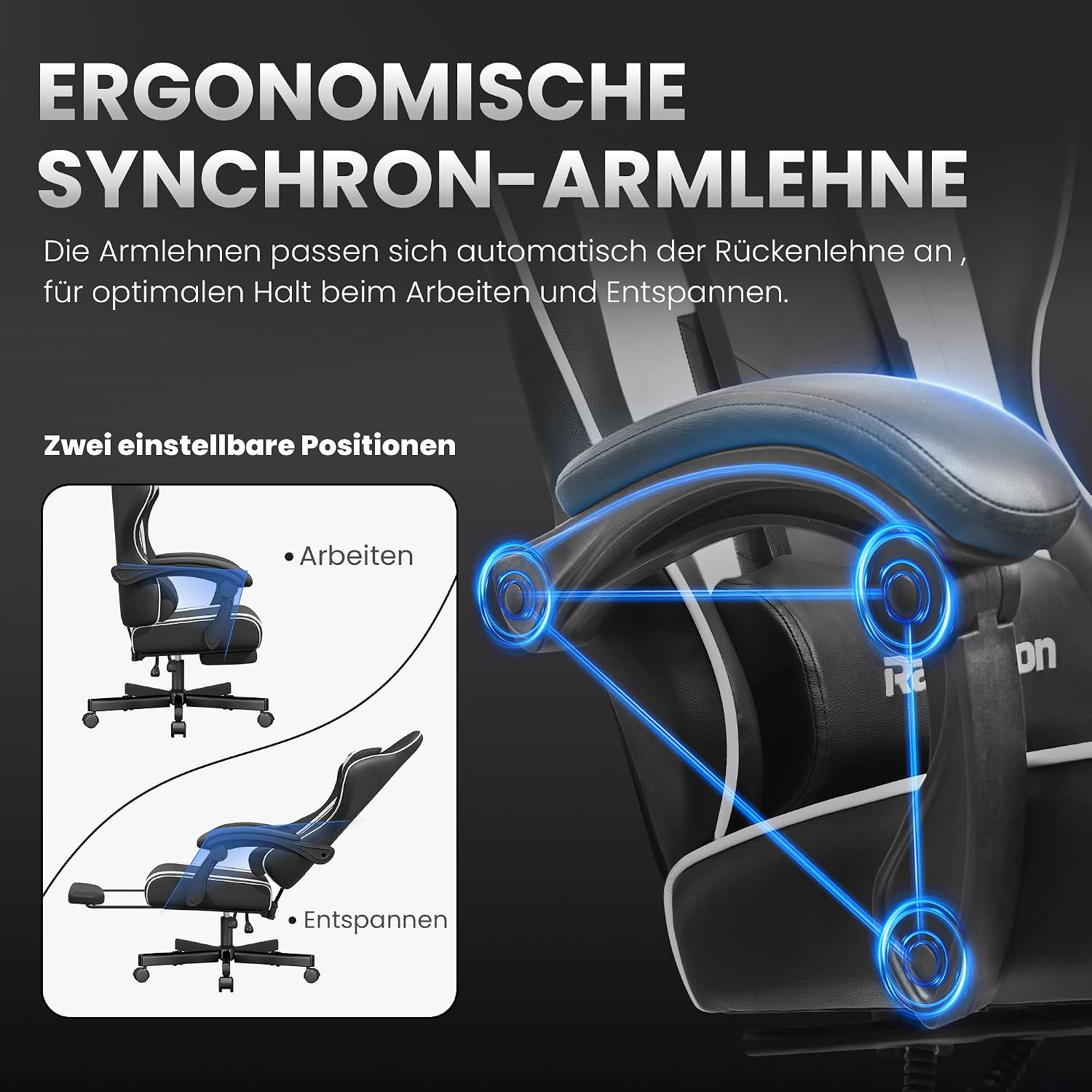 Gaming Stuhl Chair Gamer Sessel - Verstellbarer PC Drehsessel gepolstert Fußstütze Kopf und Lordosenstütze 51 cm Breiter Sitz Stabiler Einteilrahmen 90‑135° Neigung Tragkraft 280 Kg Tiefschwarz – Bild 6