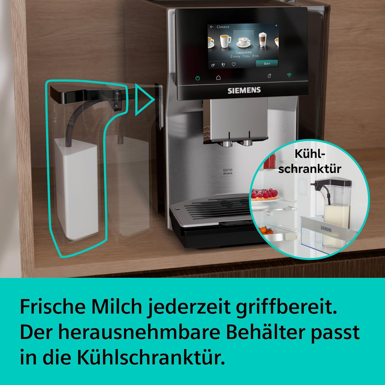 Siemens Kaffeevollautomat EQ700 iAroma, Full-Touch-Display, integrierter Milchbehälter, Tassenwärmer, Cold Brew und Slow Brew, Home Appliances App, Edelstahl schwarz, TQ727D03 – Bild 6