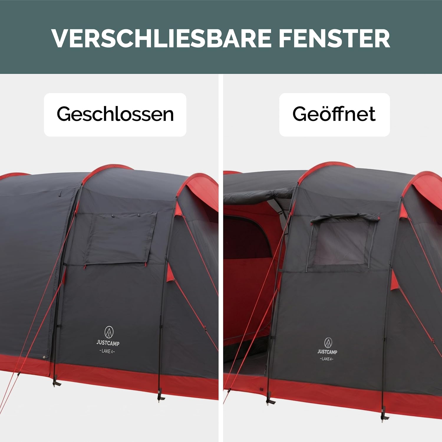 JUSTCAMP Lake Familienzelt für 4 Personen - wasserdichtes Tunnelzelt mit 2 Schlafkabinen, großem Vorraum & Stehhöhe - Campingzelt mit eingenähtem Boden, Moskitonetz und 2 Eingängen – Bild 6