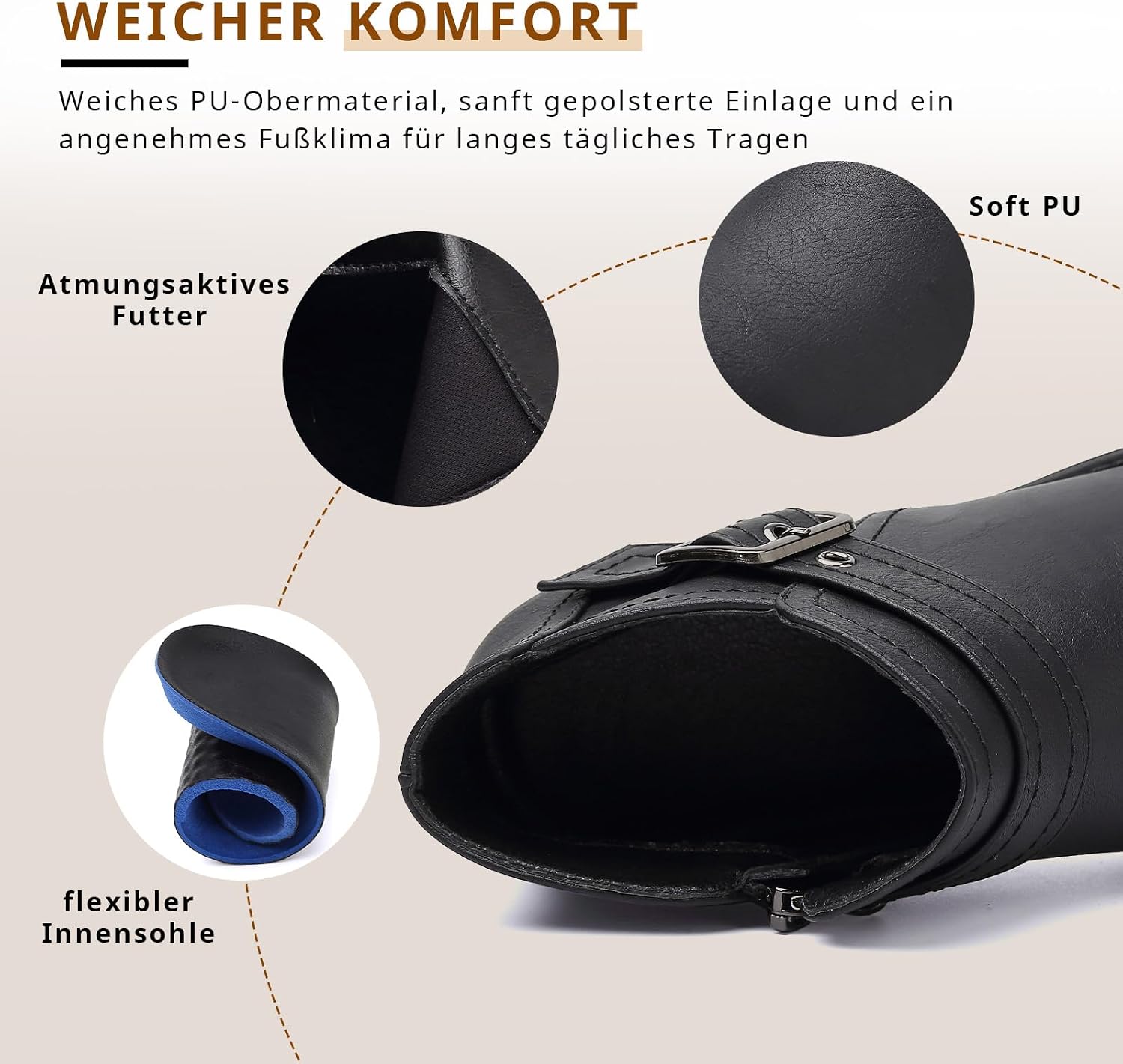 ziitop Stiefeletten Damen Schwarz mit Reißverschluss Elegante Boots Stiefel Damen Spitz Zulaufend Schnalle Western Chelsea Ankle Boots Herbst Winter Schuhe Ungefüttert Vielseitig Kurzstiefel – Bild 4