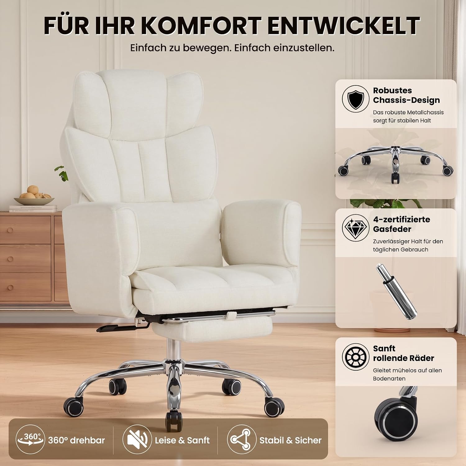 MALOL Ergonomischer Bürostuhl mit Fußstütze, Chefsessel 360° Drehbar, verstellbare Rückenlehne 102°-127°, mit Kopfstütze & Lendenstütze, bis 180 kg belastbar für Home Office & Gaming, Beige – Bild 6