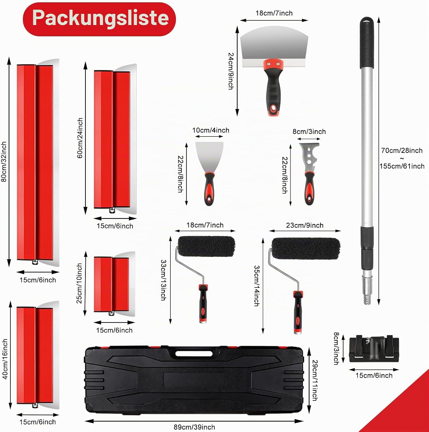 suokoun Trockenbau-Klingen-Set mit Koffer, 25 cm, 40cm, 60cm und 80cm, Edelstahl-Klingen, Verbundrollen, 70 cm - 155 cm Verlängerungsgriff, Spachtelmesser und Bogenschaber für – Bild 2