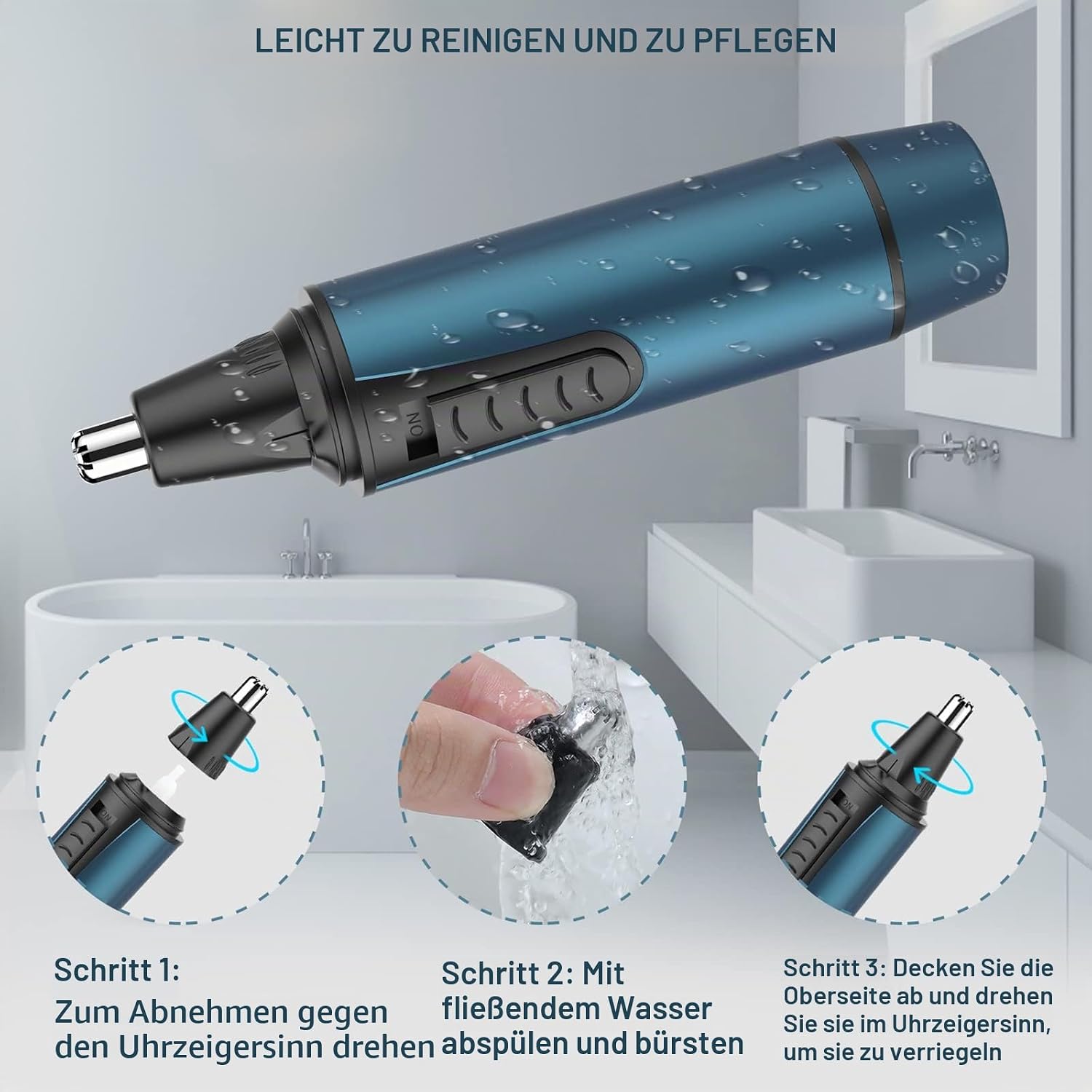 Nasenhaartrimmer Herren, 3 in 1 Professioneller USB Wiederaufladbar Nasenhaartrimmer, Nasenhaarentferner mit IPX7 Wasserdicht, Dual-Klingen, Einfache Reinigung, Nasentrimmer Männer, Blau – Bild 6