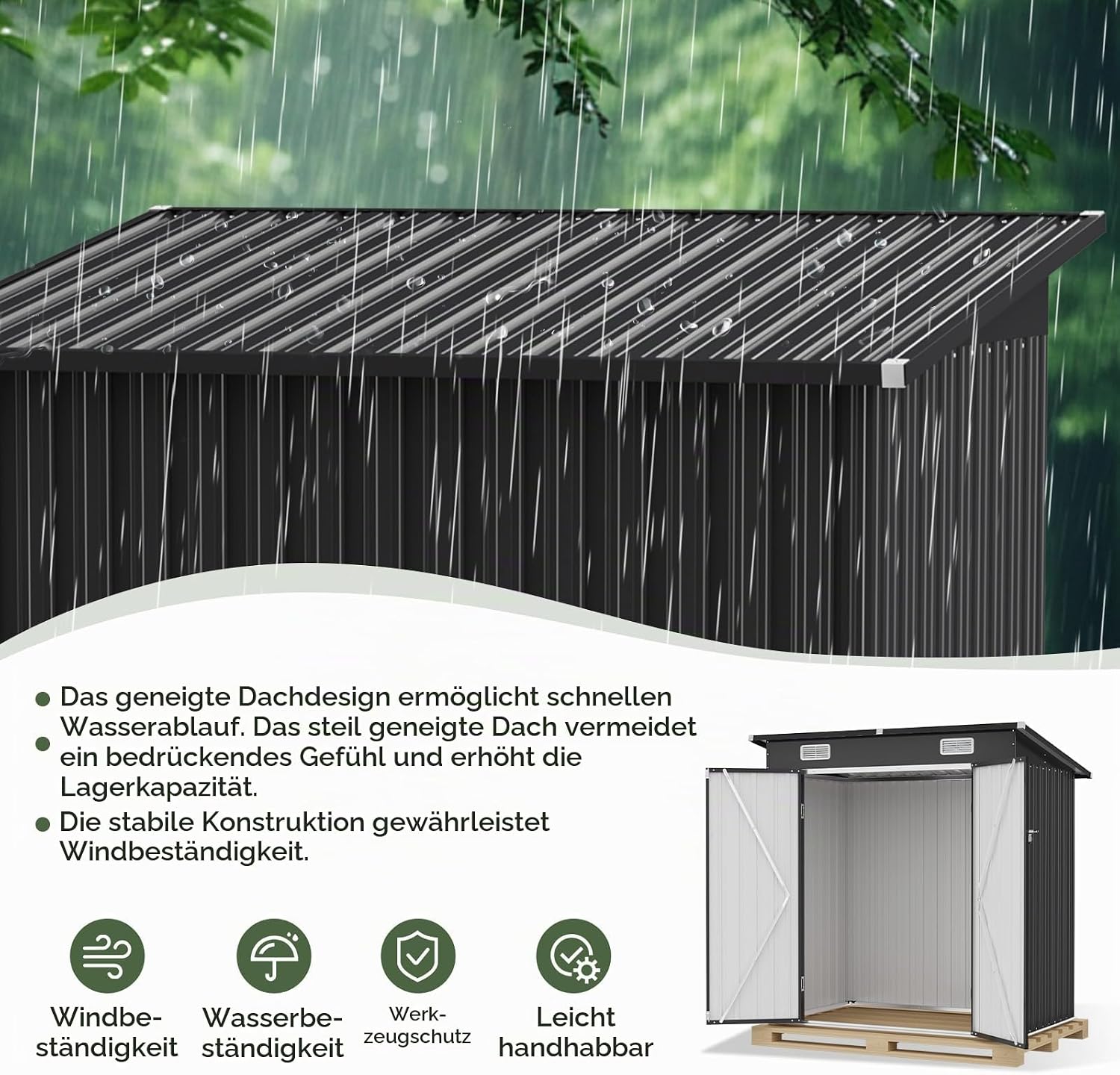 Aoxun Gerätehaus Metall 6x4 FT Pultdach Geräteschuppen Schwarz mit Riegel – Bild 2