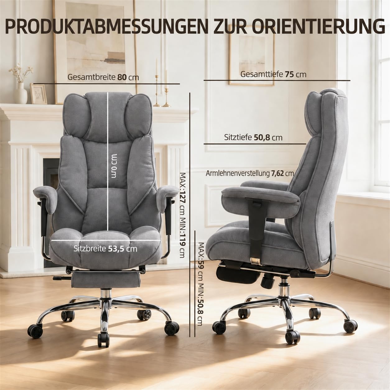 Efomao Bürostuhl, Stoffstuhl Ergonomisch mit Fußstütze, Komfortabler Polsterstuhl bis 200kg mit Lendenkissen & Nackenkissen, Höhenverstellbarer Schreibtischstuhl – Bild 8