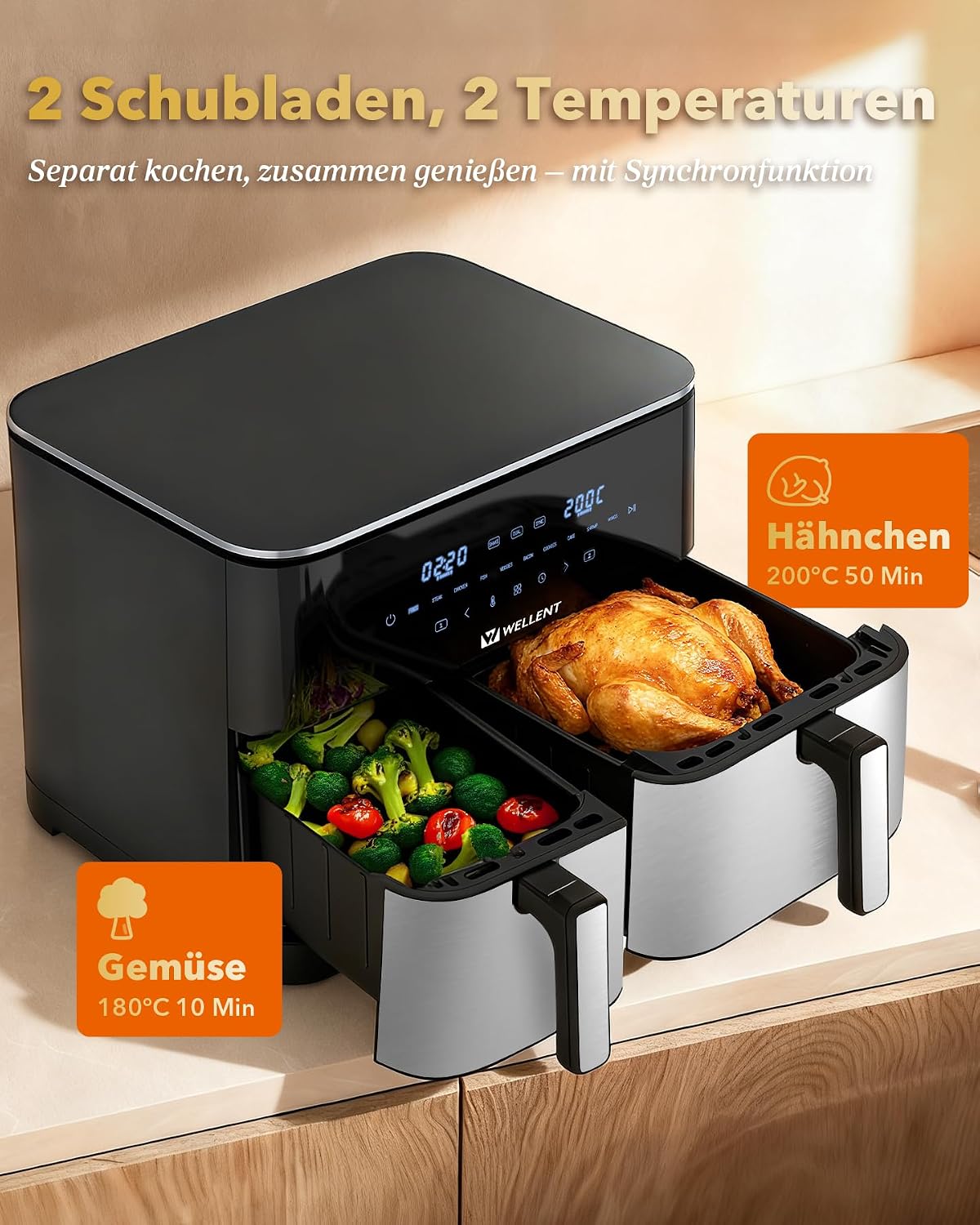 WELLENT 11L Airfryer 2 Kammern (4+7L), 10-in-1 XXL Heißluftfritteuse – Bild 4