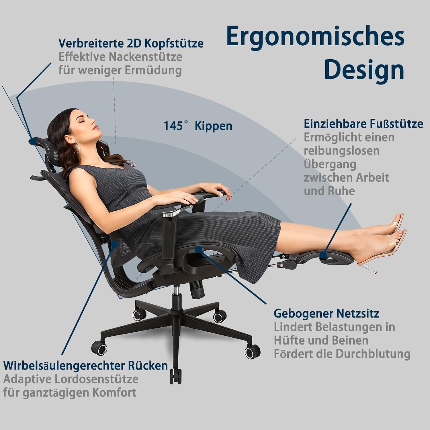 Ergonomischer Bürostuhl Große und Schwere mit Fußstütze, 5D Verstellbare Armlehnen, Lendenstütze, Netz-Rückenlehne, Verstellbare Sitztiefe, Drehbarer Gaming Stuhl Schwarz – Bild 3