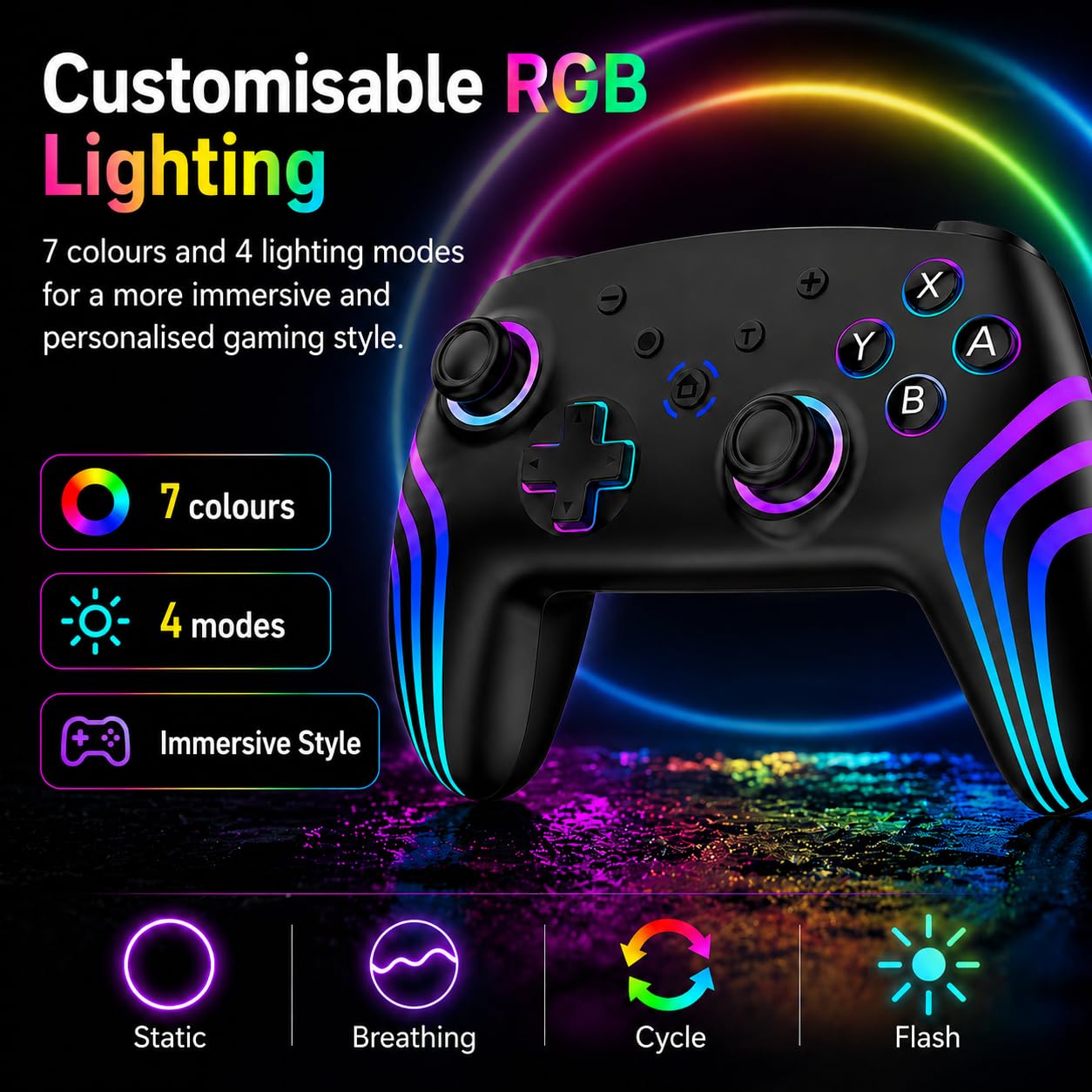 Riscvma 2pcs Switch 2 Controller für Switch/Switch 2/Lite/OLED/PC, Controller für Switch mit 7 Farbwechselnde RGB Beleuchtung/Dual Vibration/6 Achsen Gyroskop/Turbo, Ergonomisch Präzise Joystick – Bild 5