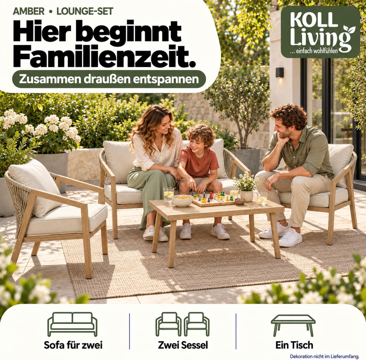 Koll Living Lounge-Set Amber | Outdoor Sitzgruppe mit Gartensofa, Gartensesseln & Tisch | Stahlgestellt in Holzoptik | Wetterfest & UV-beständig | Mix & Match Gartenlounge Beige/Braun – Bild 9