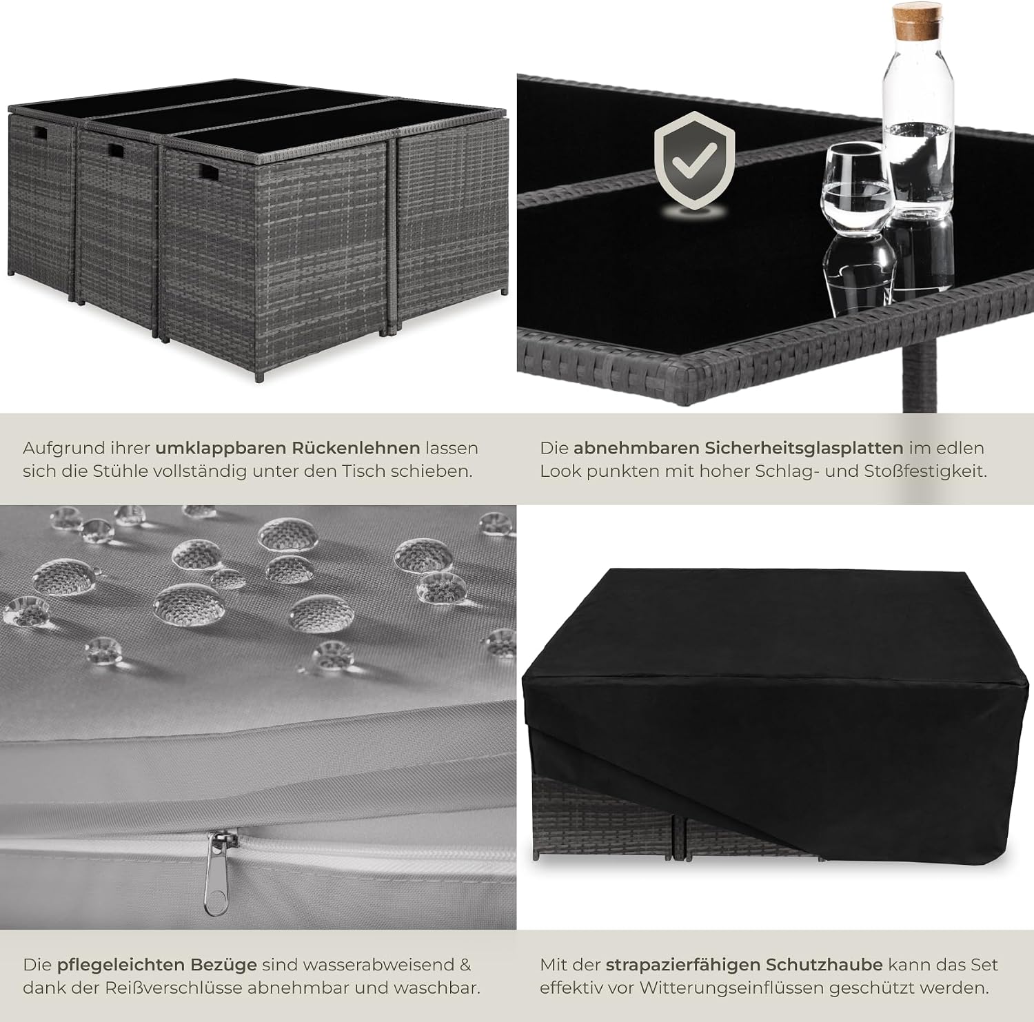 tectake® Outdoor Balkon Gartenmöbel Set, Lounge mit 6 Stühlen, 4 Hocker und 1 Tisch, Poly Rattan Geflecht, wetterfest, platzsparend - grau – Bild 6