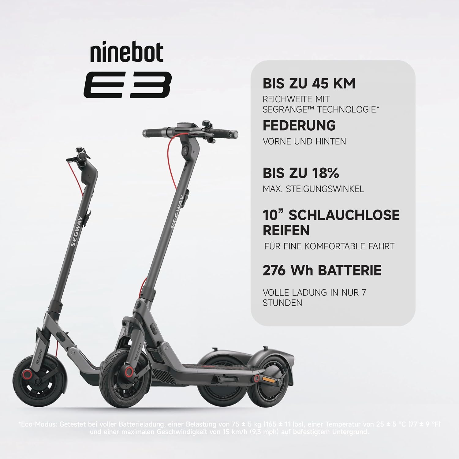 Segway-Ninebot E3 D E-Scooter für Pendler mit Straßenzulassung, 45km Reichweite (37km bei 20km/h), 800W Motor, faltbar & leicht (17,5kg), Federung vorne & hinten, 10-Zoll Reifen, IPX5 – Bild 2