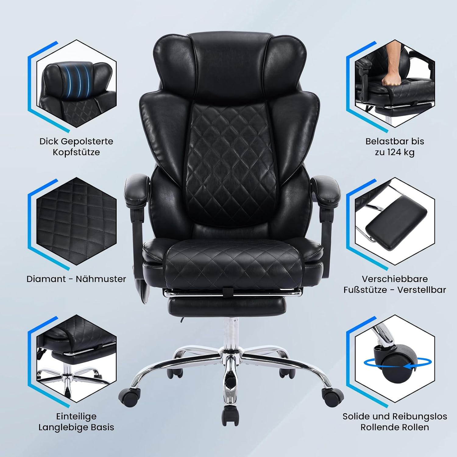 Bürostuhl Ergonomisch mit Massagefunktion, Ergonomischer Schreibtischstuhl mit Heizfunktion, Chefsessel mit Fußstütze, 360° Drehstuhl, 94-125° Verstellbarer Rückenlehne, für Office, Schwarz – Bild 9