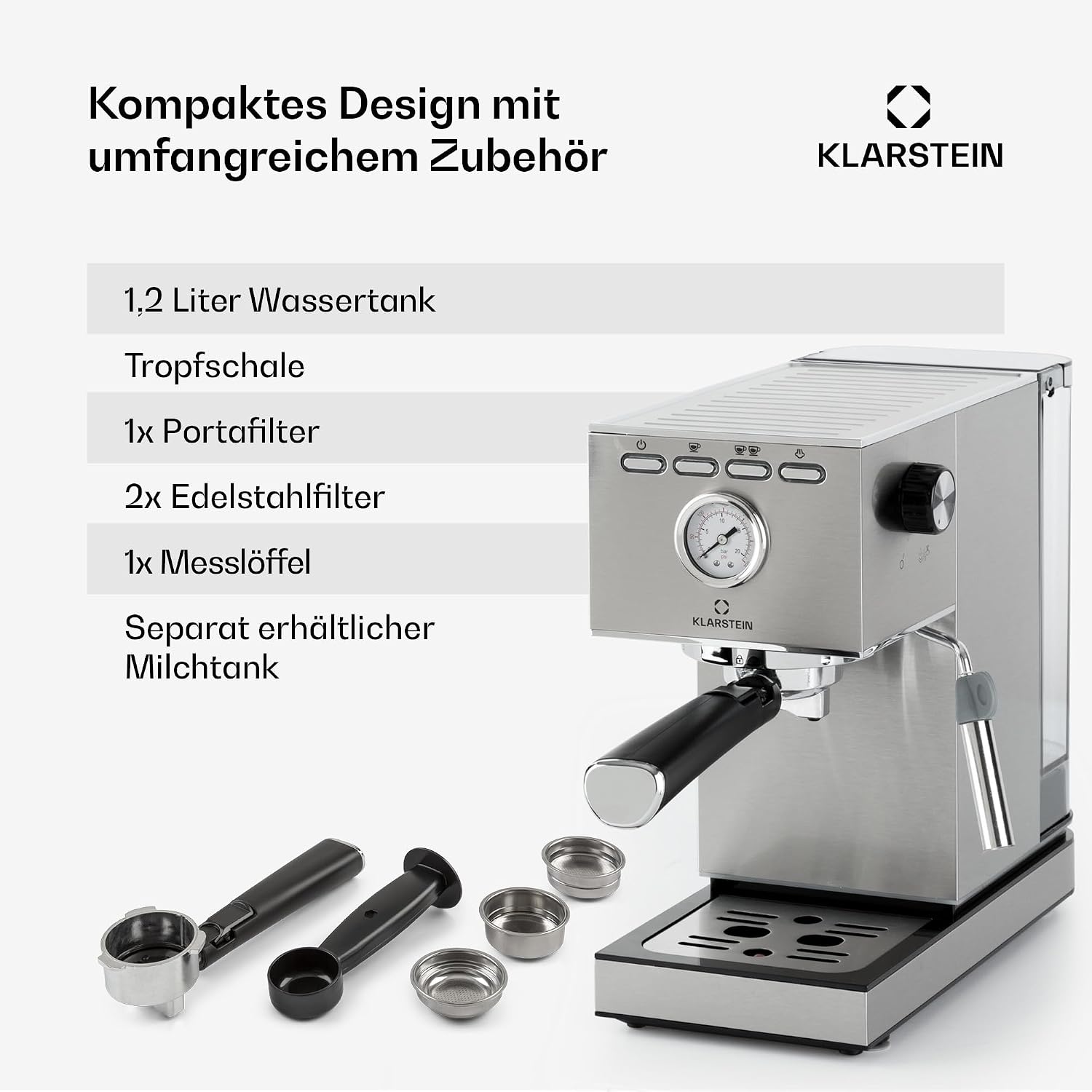 Klarstein Pausa Espressomaschine, Siebträgermaschine 1350 Watt, 20 Bar Druck, Wassertank 1,4 Liter Edelstahl, silber – Bild 6