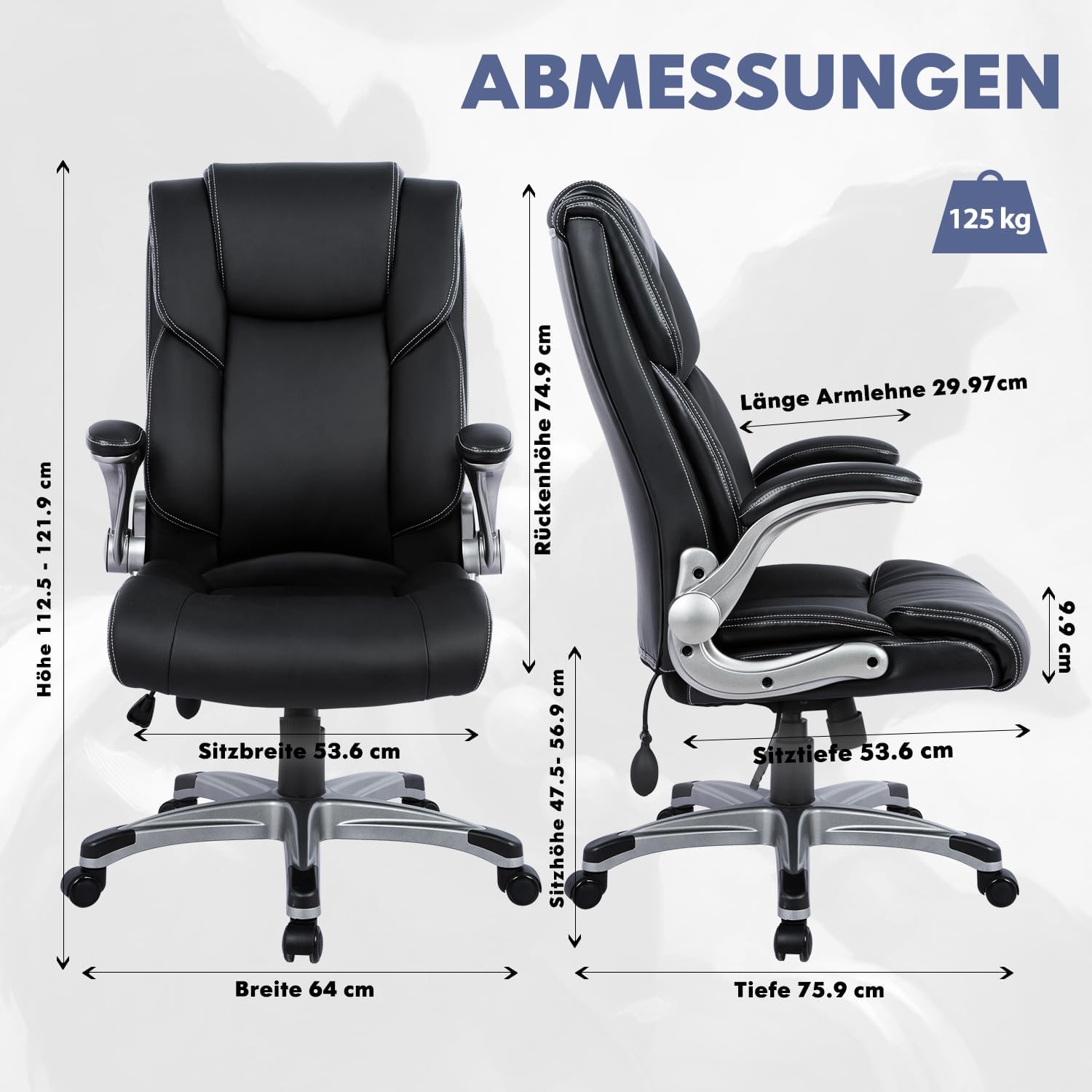 COLAMY Bürostuhl mit Hoher Rückenlehne, Ergonomischer Computer-Schreibtischstuhl, Lederstuhl mit Gepolsterten Klapparmlehnen, Verstellbarer Neigungsverschluss, Drehstuhl für Erwachsene, Schwarz – Bild 3