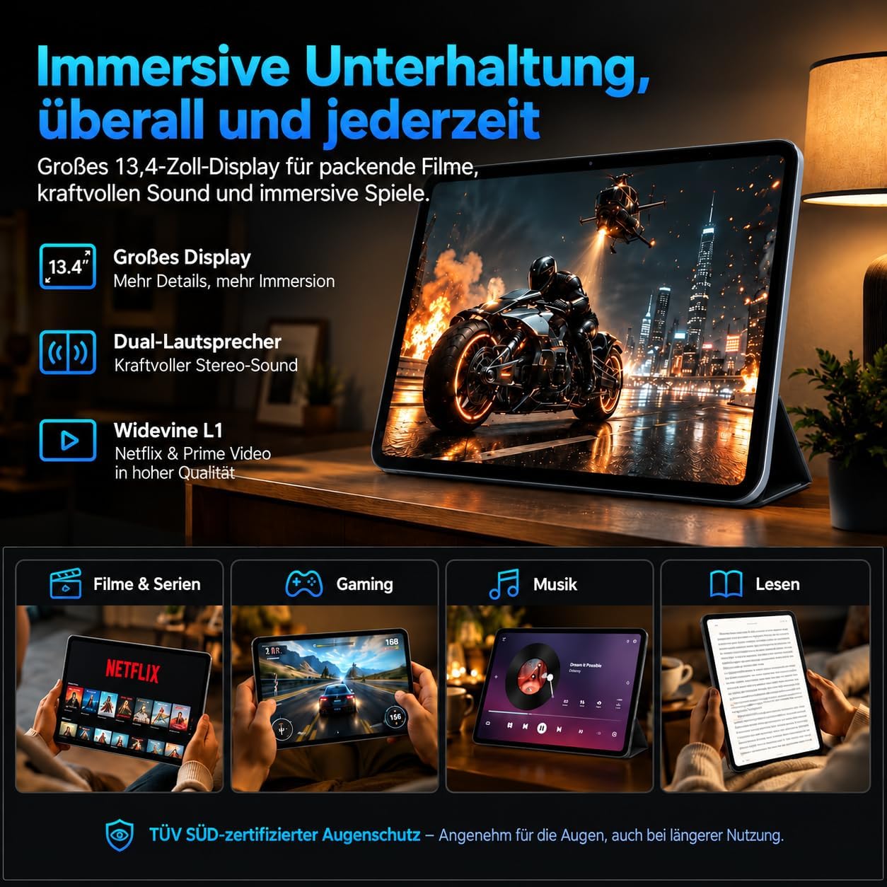 Tablet 13,4 Zoll mit Tastatur, 4G LTE, Android 16, 256GB Speicher 24GB RAM / 2TB TF, T7280 Octa-Core, 120 Hz FHD+, Ultradünn Tablet-PC, 8300 mAh,USB-C PD 18 W, PC Mode 3.0, Widevine L1/Face ID, Grau – Bild 9