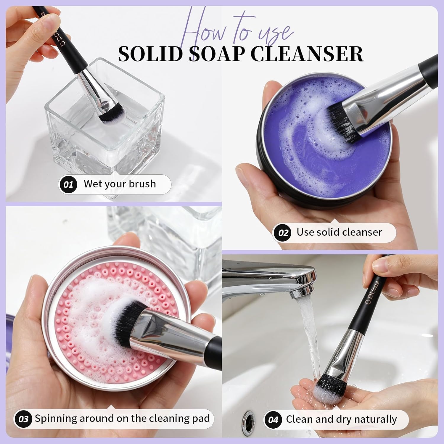 DUcare Make-up-Pinsel-Reiniger, solide Seifenreiniger, leicht zu reinigende Pinsel und Make-up-Schwämme (Lila) – Bild 4