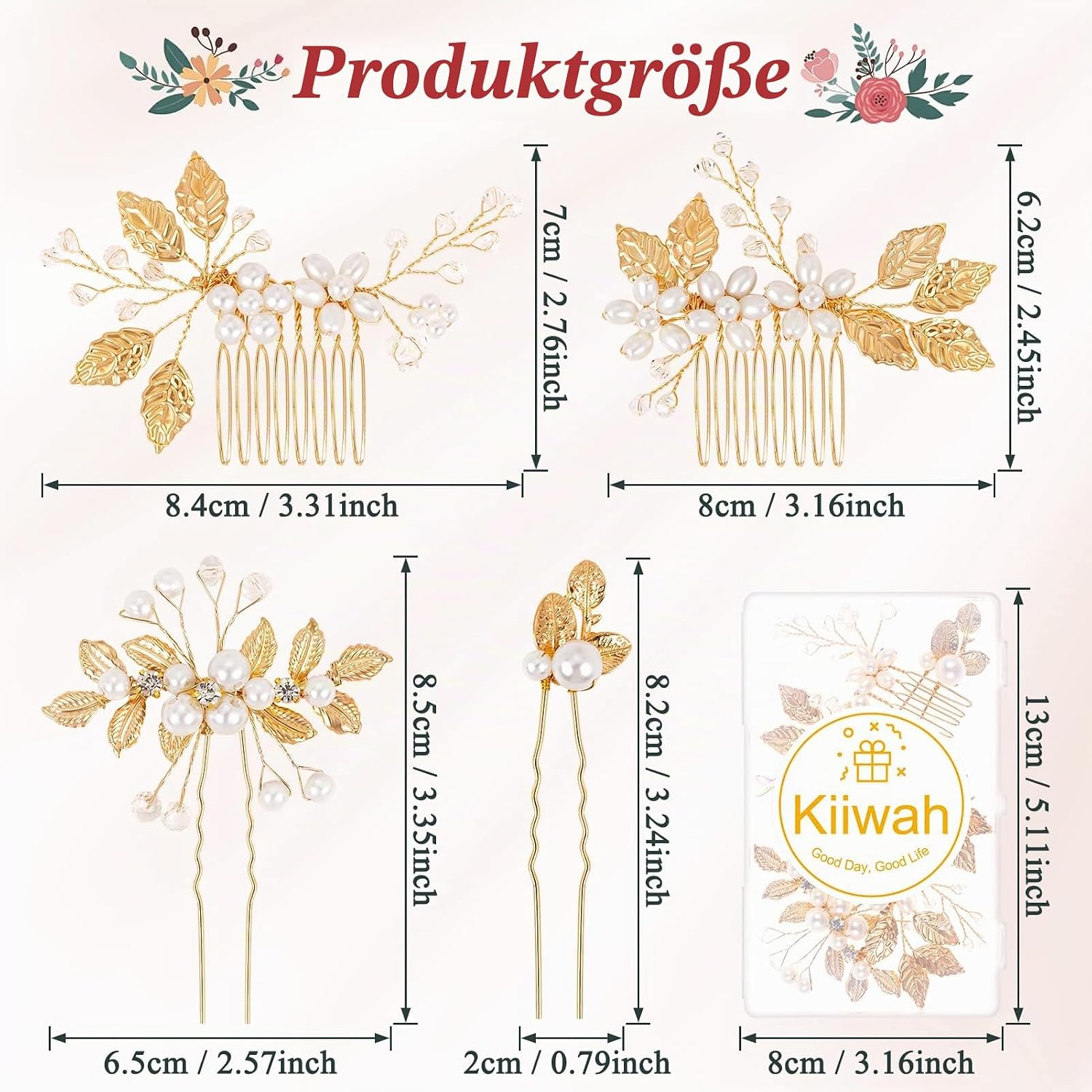 Kiiwah 4 Stück Haarschmuck Hochzeit Perle Blume Braut Haarkamm Strass Brautschmuck Braut Haarnadeln für Kommunion MäDchen Braut Brautjungfer(Gold) – Bild 2