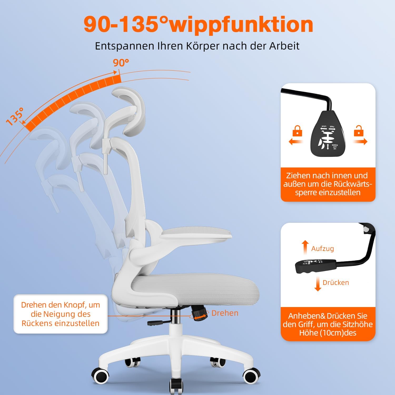 Bürostuhl, Bürostuhl Ergonomisch mit Klappbaren Armlehnen und Lendenwirbelstütze, Verstellbarer Kopfstütze, Wippfunktion bis 135°, Schreibtischstuhls 150 kg, Geeignet für Homeoffice und Gaming, Grau – Bild 4
