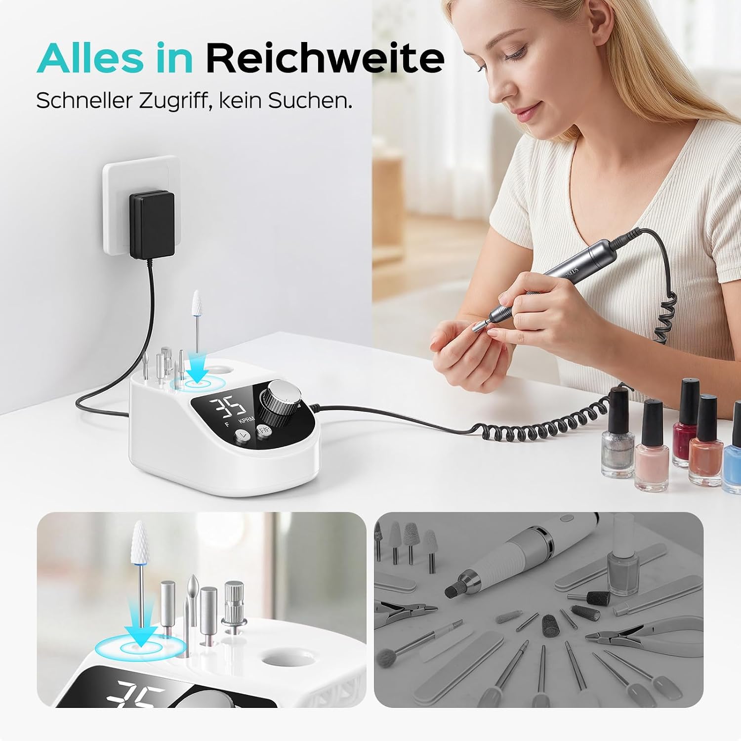 COSLUS E50 Elektrische Nagelfräser Professionell Set 35000 U/min , Weiß – Bild 5