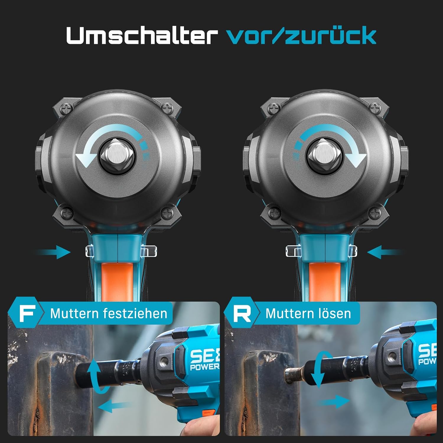 Seesii Akku Schlagschrauber 1600Nm, 1/2" Hochleistungs Drehschlagschrauber mit abnehmbarem Griff, 21V Akkuschlagschrauber & 2×4,0Ah Batterien für Auto, Pickup, Rasenmäher, Industriearbeiten – Bild 8