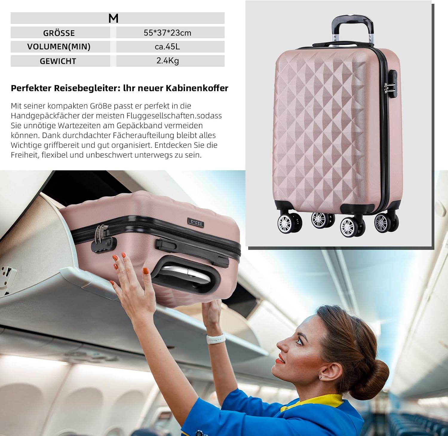 BEIBYE Zwillingsrollen 2066 Hartschale Trolley Koffer Reisekoffer Gepäck M-L-XL-Set (Rosa Gold, M) – Bild 2