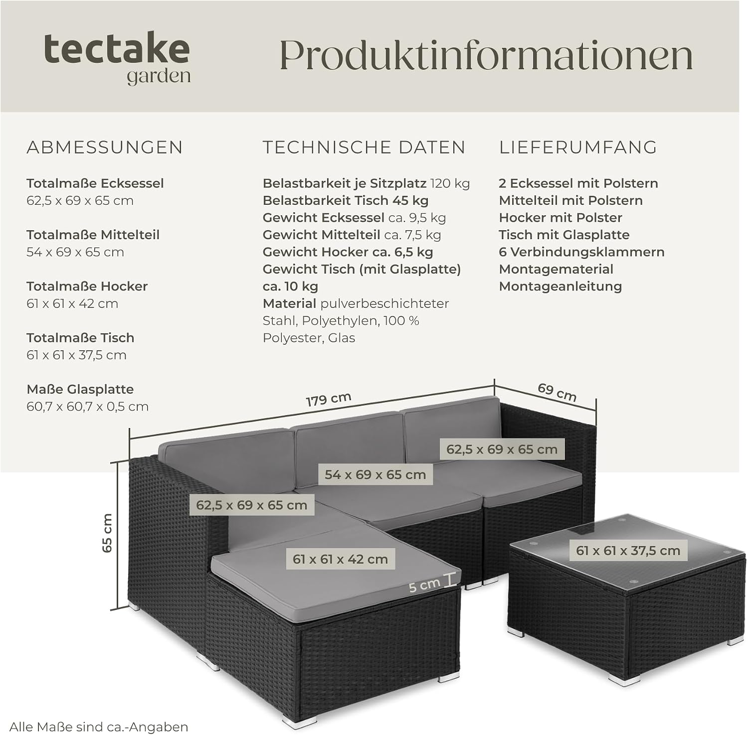 tectake® Poly Rattan Lounge, Outdoor Sitzgruppe, Set mit Sofa Sessel, Hocker, Tisch, frei kombinierbar, Sitzecke für 3-4 Personen, Möbel wetterfest für Garten Terrasse Balkon - schwarz – Bild 6