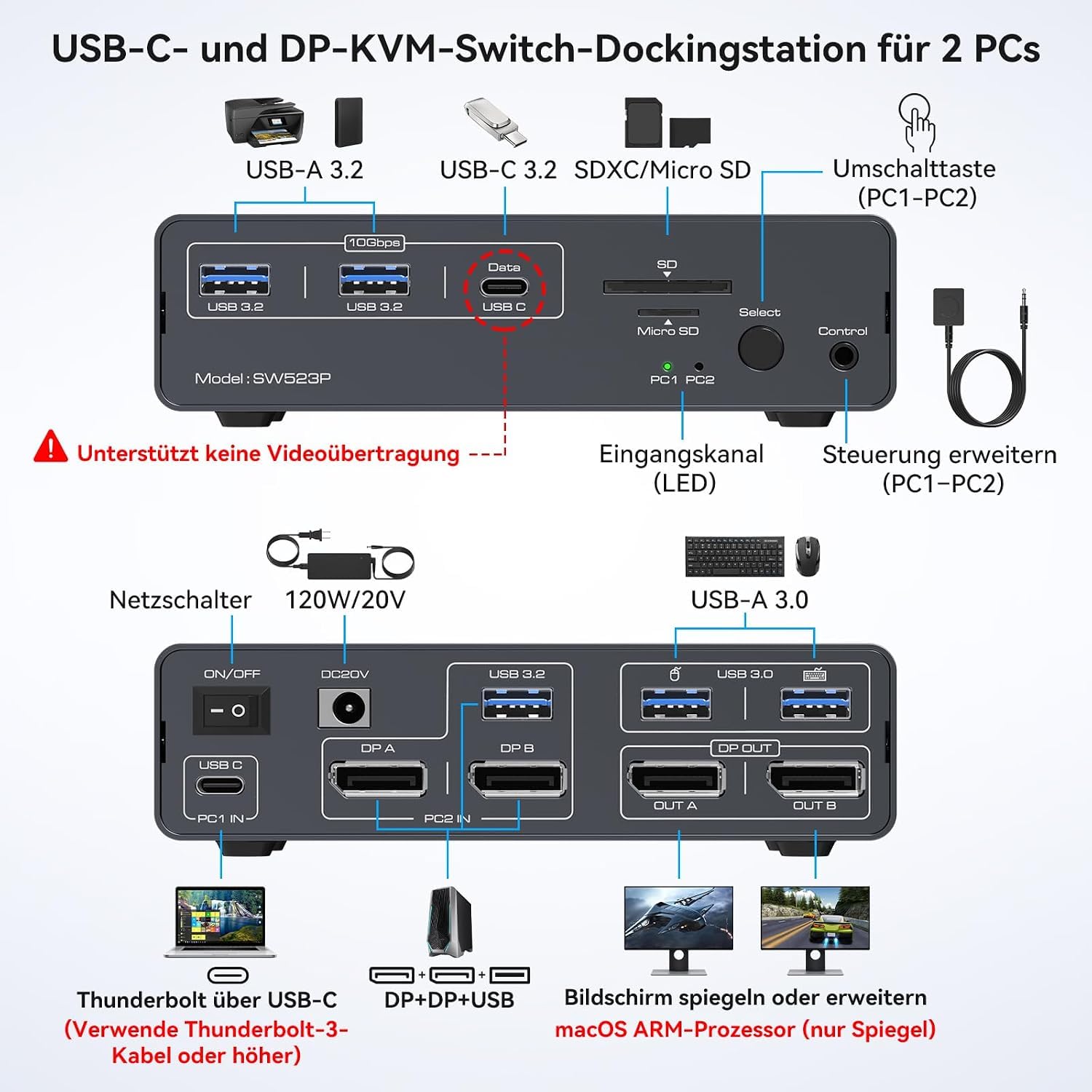 KVM Switch 2 PC 2 Monitore mit Dual 4K@120Hz USB C KVM Switch DisplayPort für Laptop und Desktop PC, 14-in-1 USBC Docking Station mit 100W PD, USB 3.2, SD/TF Kartenleser – Bild 4