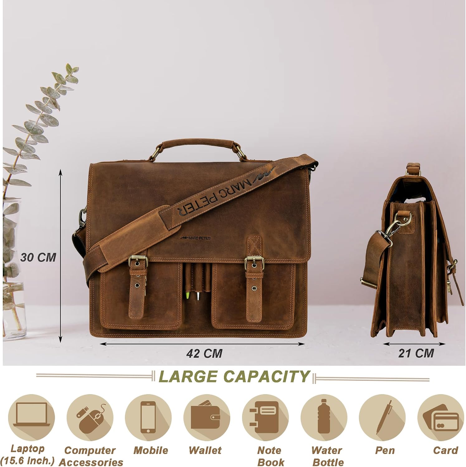 Marc Peter Amsterdam Aktentasche Leder XL Vintage Lehrertasche mit Laptopfach 15,6 Zoll große Ledertasche zum Umhängen Trolley aufsteckbar – Bild 3