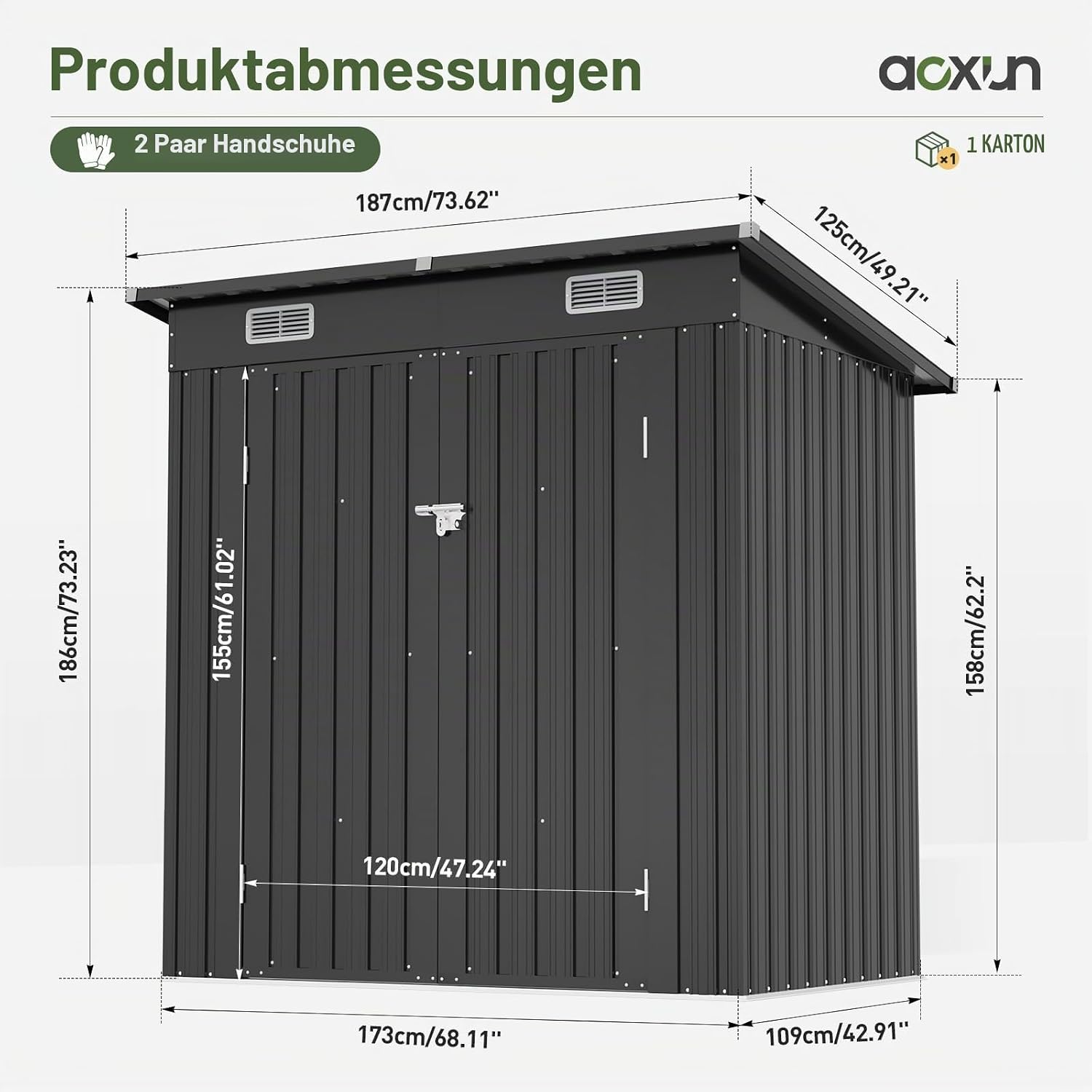 Aoxun Gerätehaus Metall 6x4 FT Pultdach Geräteschuppen Schwarz mit Riegel – Bild 5