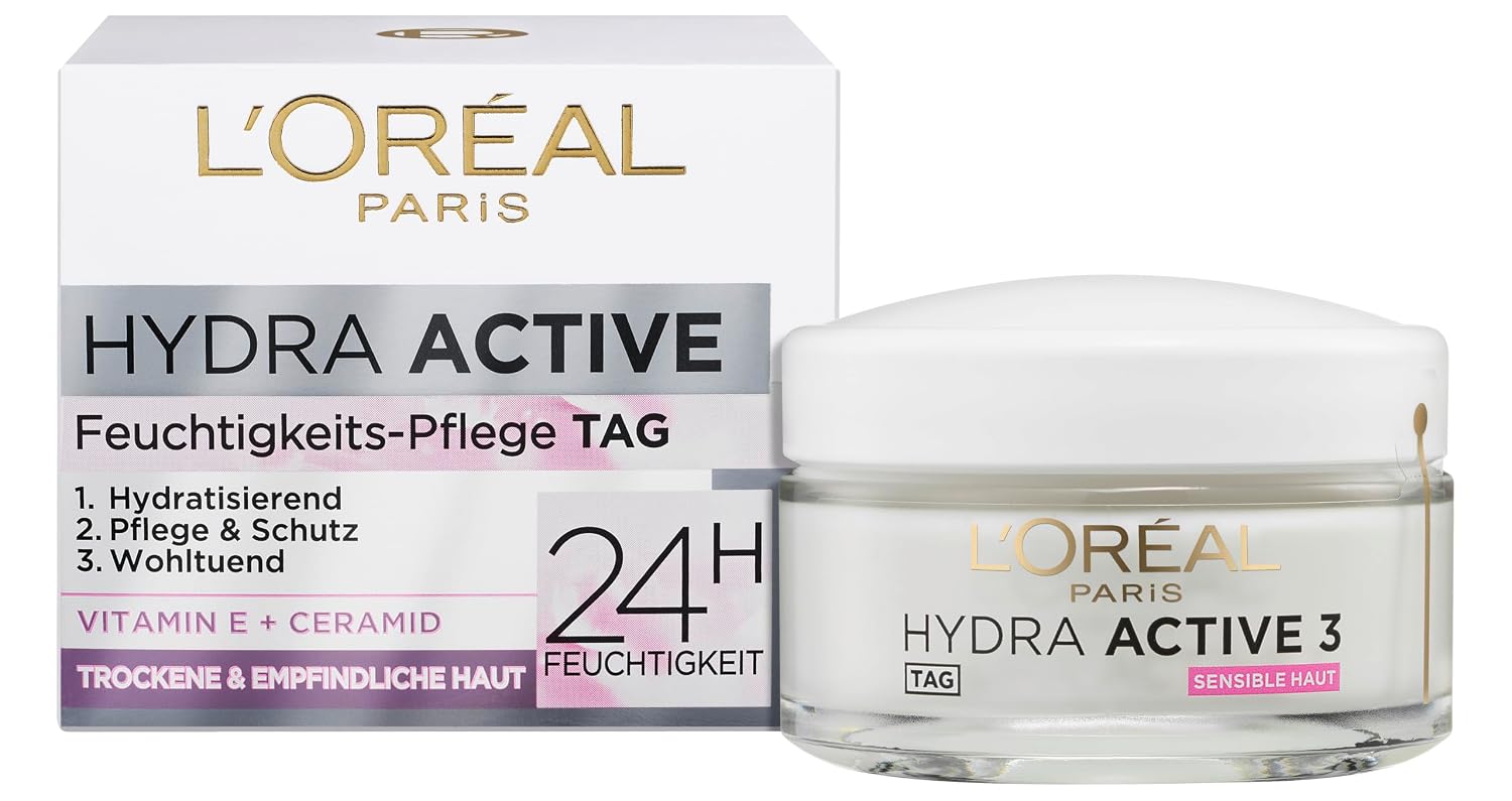 L'Oréal Paris Feuchtigkeitspflege für das Gesicht, Gesichtscreme für sensible Haut, Hydratisierende Tagescreme mit Glycerin und antioxidativem Vitamin E, Hydra Active 3 sensible Haut, 1 x 50 ml – Bild 5
