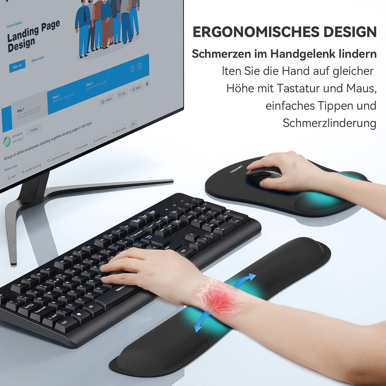 TECKNET Mauspad mit Handauflage, Ergonomische Memory Foam Tastatur Handgelenkauflage mit Mauspad 2-in-1, Löst Handgelenkschmerzen, Wasserdicht Komfort für Büro/Home, Alle Maus Tastatur, Laptop – Bild 3