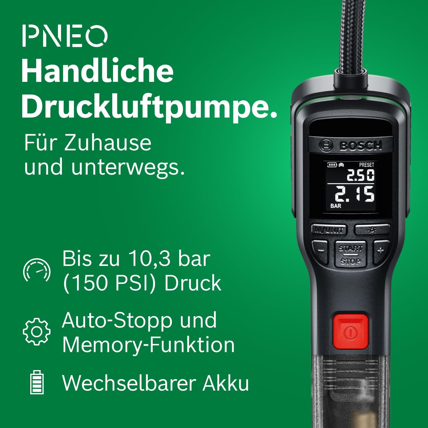 Bosch PNEO elektrische Fahrradpumpe mit 3 Ah Akku, 10,3 bar, 150 PSI – Bild 2