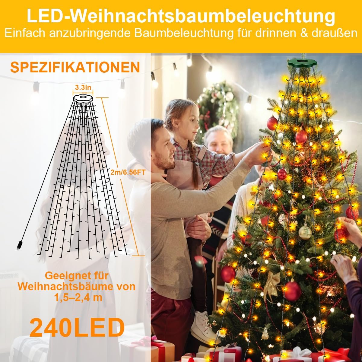 Lichterkette Weihnachtsbaum, 2m Christbaumbeleuchtung mit Ring 12 Stränge – Bild 2
