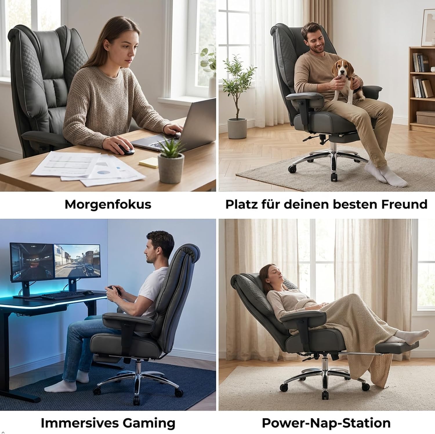 EXCEBET Chefsessel Bürostuhl XXL Ergonomisch 200kg, Schreibtischstuhl mit Fußstütze und 14cm Taschenfederkern, Hochlehner aus Kratzfestem PU Leder, Drehstuhl mit Höhenverstellbaren Armlehnen (Grau) – Bild 5