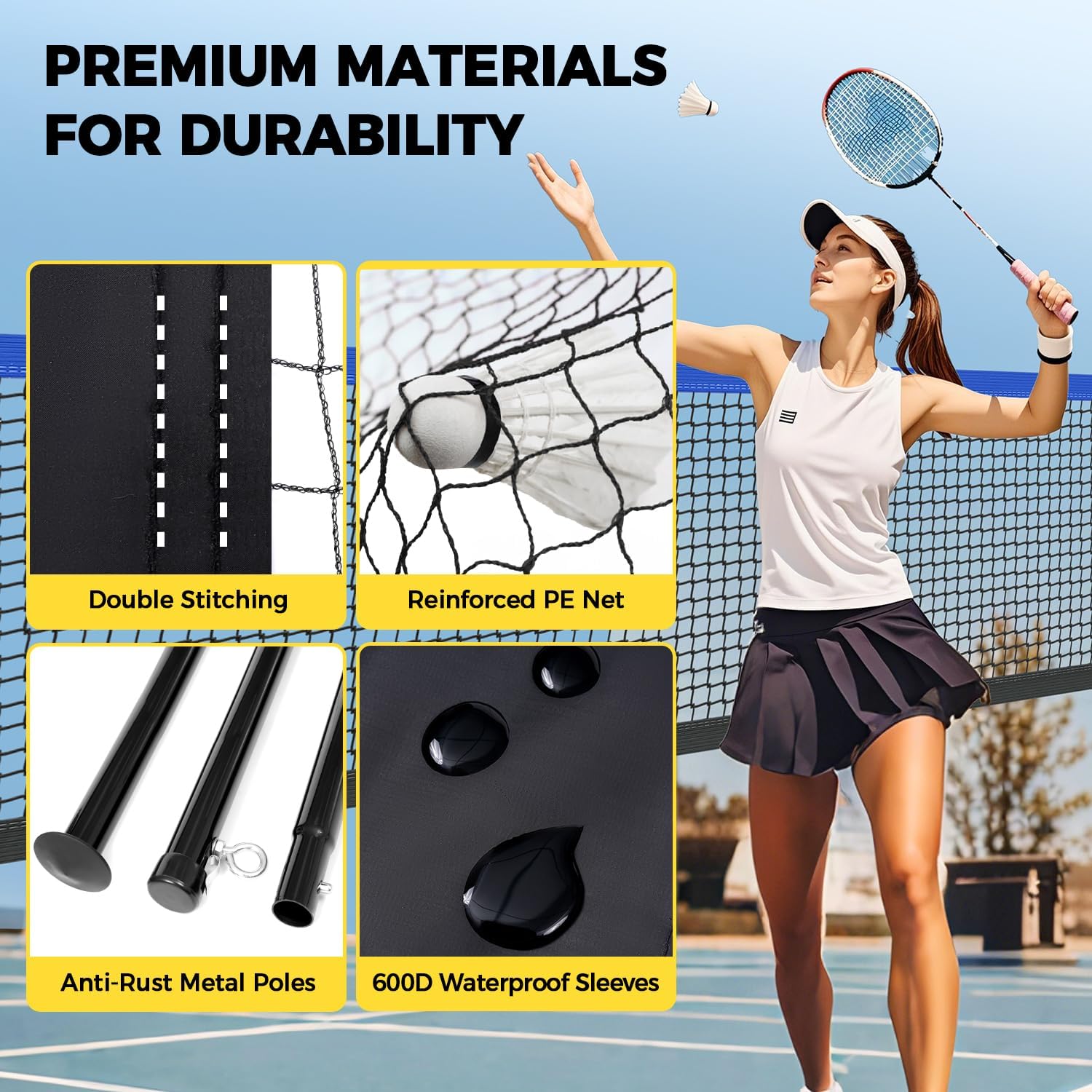 BAGAIL Professionelles Badmintonnetz-Set, TurnierschANDARD 6,1m x 1,55m, Allwettertauglich PE-Netz, 5-Minuten-Montage, Mit 4 Schlägern, 3 Schittern und Tragetasche – Bild 3