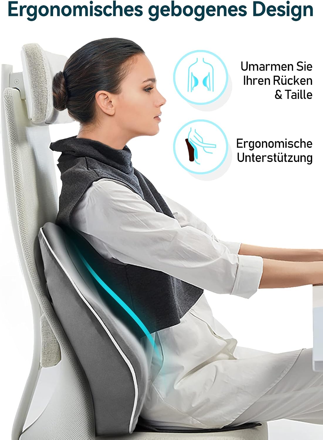 Travel Ease Ergonomisches RückenKissen aus Memory Foam, Lendenkissen für Bürostuhl, Schreibtischstuhl, mit Antistatischem, hautfreundlichem Bezug und für eine Bequeme Sitzhaltung (Grau) – Bild 3