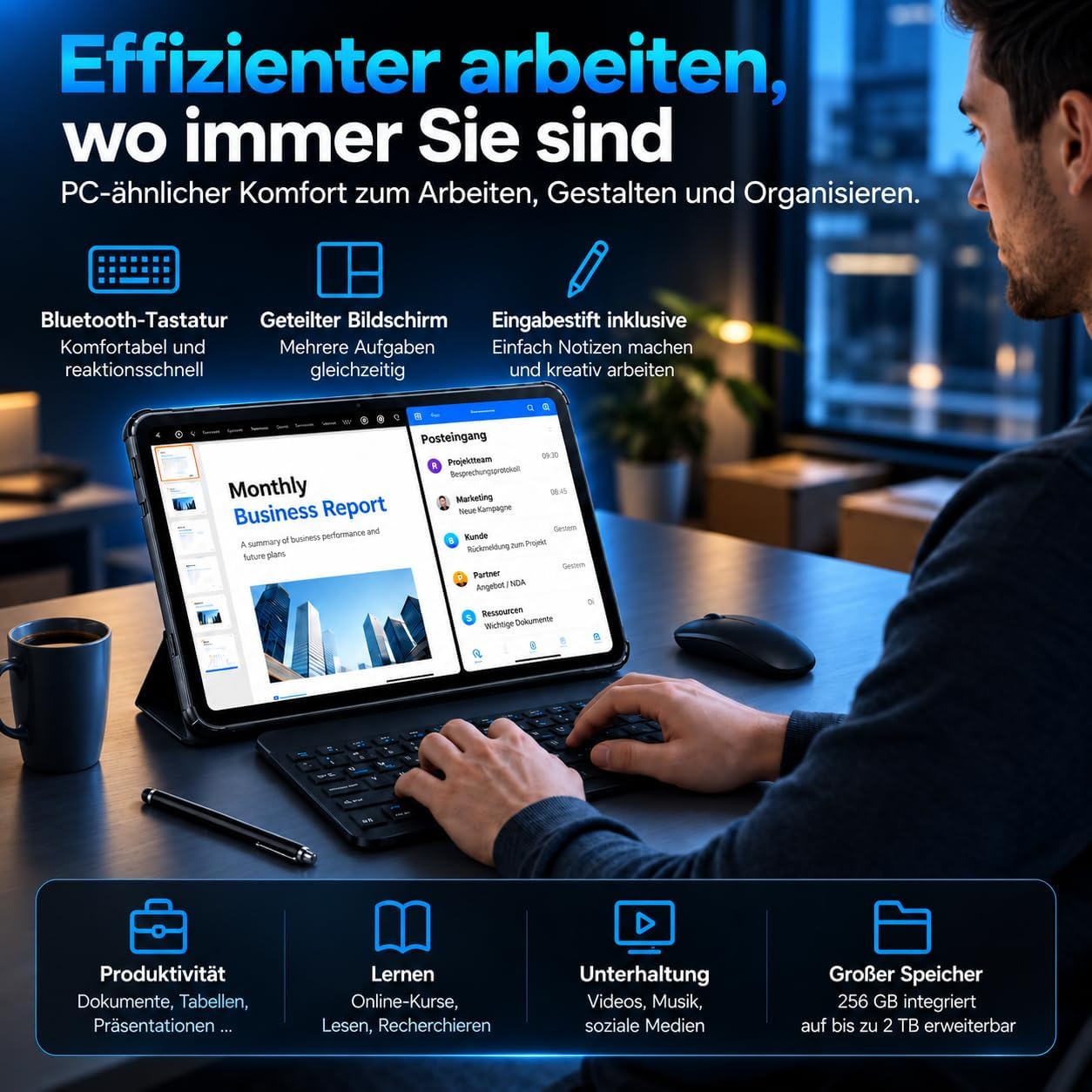 Tablet 13,4 Zoll mit Tastatur, 4G LTE, Android 16, 256GB Speicher 24GB RAM / 2TB TF, T7280 Octa-Core, 120 Hz FHD+, Ultradünn Tablet-PC, 8300 mAh,USB-C PD 18 W, PC Mode 3.0, Widevine L1/Face ID, Grau – Bild 4