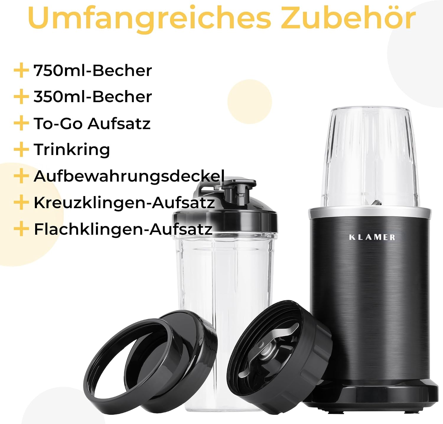 KLAMER Bullet Mixer 1000 Watt, Smoothie Maker, 2 Mixbehälter mit Zubehör – Bild 4