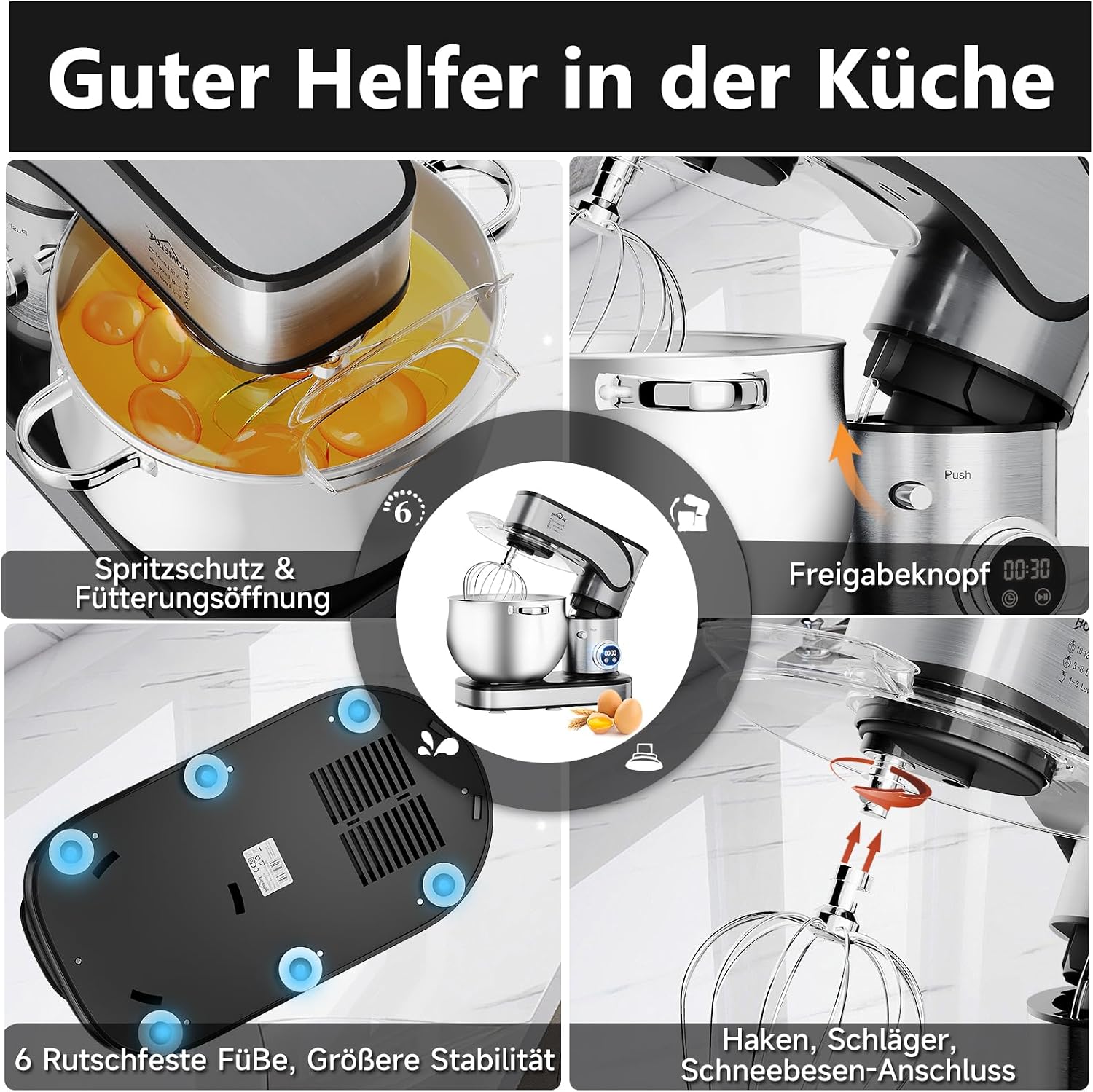 HOMELUX Küchenmaschine 2500W, 12 Liter Edelstahl Schüssel – Bild 5