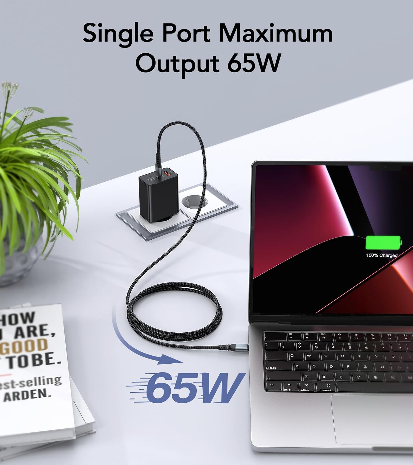 65W USB C Ladegerät, 3-Port 30% Schnellladegerät mit Ladekabel 2M – Bild 3