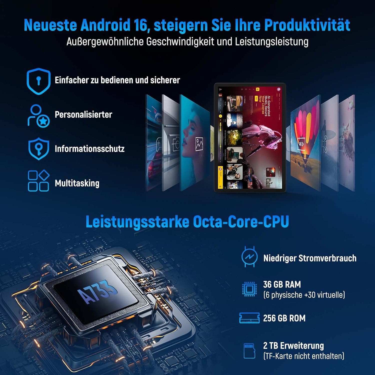 Tablet 14 Zoll Android 16 Laptop 2-in-1 Tablets PC Octa-Core 36 GB RAM 256 GB ROM 2 TB erweiterbar 1920x1200 IPS FHD 10,000 mAh 30W Schnellladung Widevine L1 Gemini AI Wi-Fi 6 BT 5.4 (Schwarz) – Bild 3