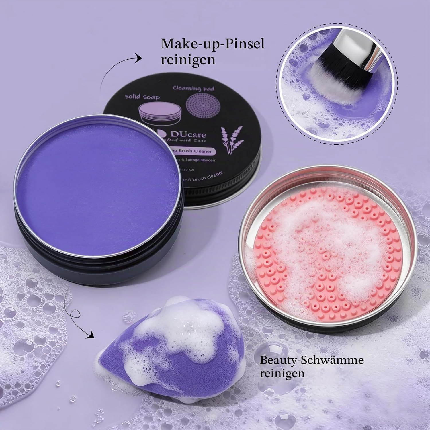 DUcare Make-up-Pinsel-Reiniger, solide Seifenreiniger, leicht zu reinigende Pinsel und Make-up-Schwämme (Lila) – Bild 6